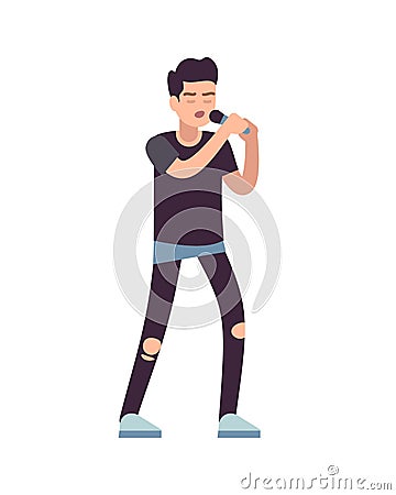Musician. Vocalists musical performance, artist standing in casual clothes with microphone and sings song, karaoke or Vector Illustration