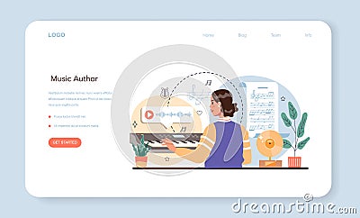 Musician web banner or landing page. Author writing music and playing Vector Illustration