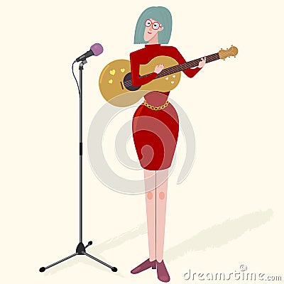 Woman musician in red dress character with guitar and microphone. Nice vector illustration. Vector Illustration