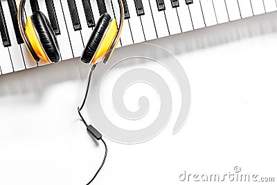 Musician work set with synthesizer and headphones white table background top view space for text Stock Photo