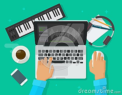 Musician workspace studio vector illustration, flat cartoon person compose electronic music on computer laptop with midi Vector Illustration