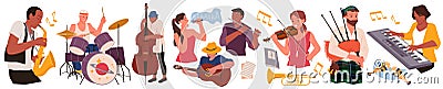 Musicians of band or orchestra with musical instruments set, talent artists playing Vector Illustration