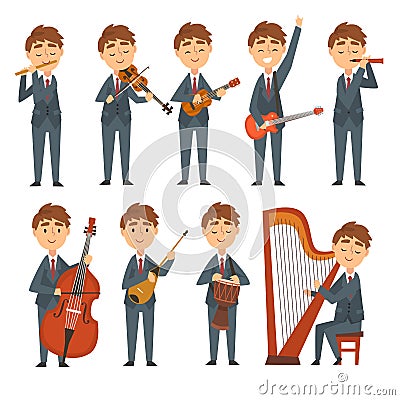 Musicians Boys Playing Different Musical Instruments Set, Talented Children Characters Playing Flute, Violin, Guitar Vector Illustration