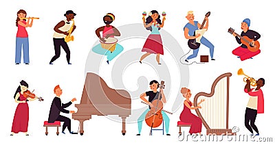 Musicians characters. Flat pop star, young people band. Cartoon guitarist, jazz concert and singer. Isolated music Vector Illustration