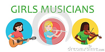 Musicians girls is inspired to play different musical instruments. Violinist, flutist, guitarist. Vector illustration in Vector Illustration