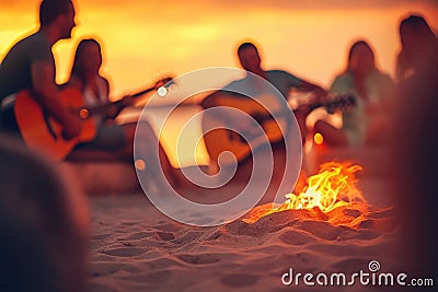 Musicians at the guitar over a campfire at dusk at the beach. Generative AI Stock Photo