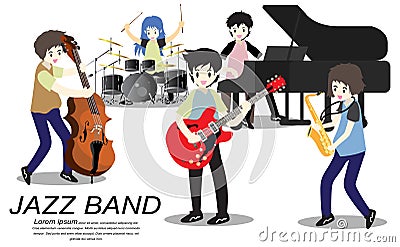 Musicians Jazz band , Play guitar, bassist , Piano, Saxophone . Jazz band. Vector illustration isolated on background in cartoon s Vector Illustration