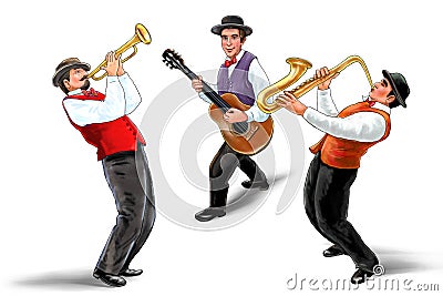 JAZZ Musicians trumpeter saxophonist guitarist isolated Watercolor illustration Cartoon Illustration