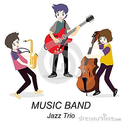 Musicians Jazz Trio ,Play guitar,solo guitarist, bassist,Saxophone. Jazz band.Vector illustration isolated on background in cartoo Vector Illustration