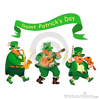 Musicians in leprechaun costumes. Saint Patricks Day. Irish Holiday Vector. Stock Photo