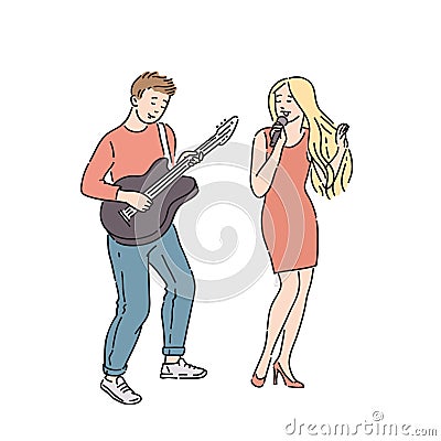 Musicians man and woman. Guy in jeans playing guitar girl singing into microphone. Vector illustration in line art style Vector Illustration
