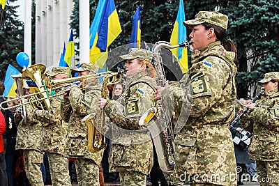 The musicians of the military department of the Ukrainian army play on the parade in Dnepr city. Armed Forces of Ukraine Editorial Stock Photo