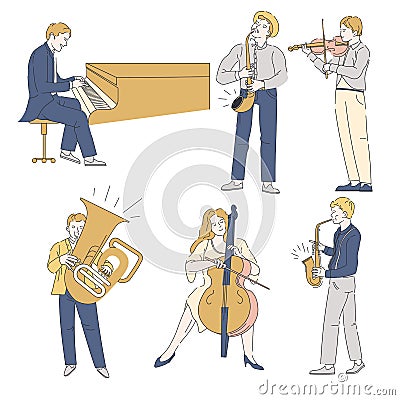 Musicians with musical instruments, jazz or classic music, isolated characters Vector Illustration