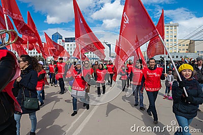 Musicians Philharmonic Orchestra with red flags, on which is written the Philharmonic of Yakutia Editorial Stock Photo