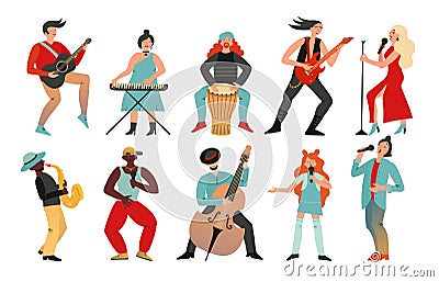 Musicians. Rock band, pop musician. Music instruments guitarists drummers, singers artists with microphones, cartoon Vector Illustration