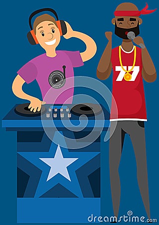 Musicians rock group recording video in studio. DJ at console and black singer with microphone Vector Illustration