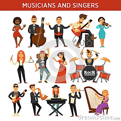 Musicians rock, jazz and orchestra band singers, musical instruments vector flat icons Vector Illustration