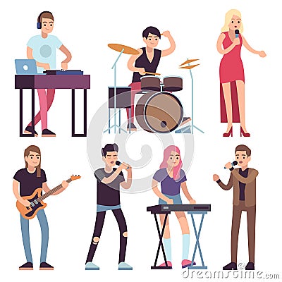 Musicians. Rock and pop musicians with microphones, guitarists and drummers, vocalists musical performance, vector Vector Illustration