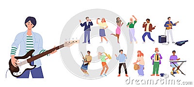 Musicians set with happy man and woman guitarist, saxophonist, singer vocalist, synthesizer player Vector Illustration