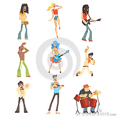 Musicians And Singers Of Different Music Styles Performing On Stage In Concert Series Of Cartoon Characters Vector Illustration