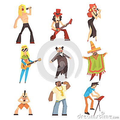 Musicians And Singers Of Different Music Styles Performing On Stage In Concert Set Of Cartoon Characters Vector Illustration