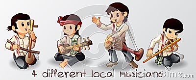 4 musicians Thai in cartoon characters. Vector Illustration