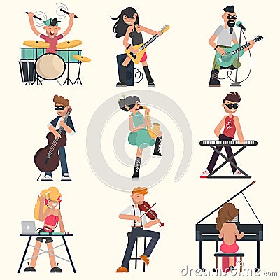 Musicians with their musical instruments set. Color vector illustrations Cartoon Illustration