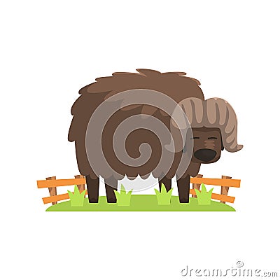 Musk Ox With Scruffy Brown Coat Standing On Green Grass Patch In Open Air Zoo Enclosure Vector Illustration