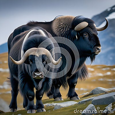 The two black musk oxen are in front of the mountain. Stock Photo