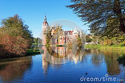 Muskau Palace reflected in the lake in the Lusatia Stock Photo