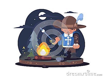 Musketeer in hat with feather Cartoon Illustration