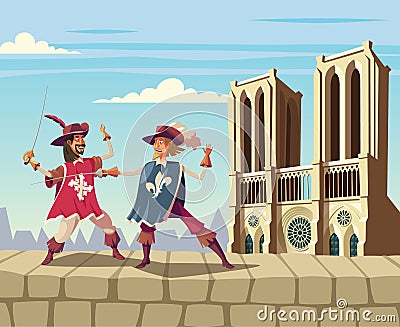 Musketeers fighting on Paris city wall and Notre Dame cathedral in background Vector Illustration