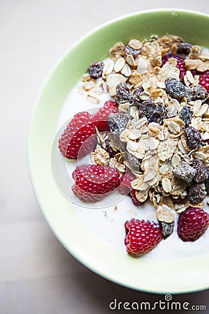 Musli and Raspberries Stock Photo