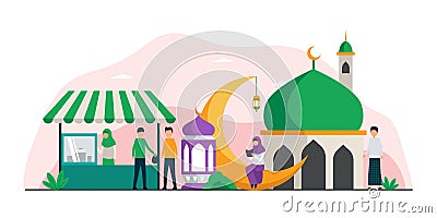 Muslim activity in ramadan month waiting for iftar break fasting time tiny vector flat illustration concept with mosque and asia Cartoon Illustration