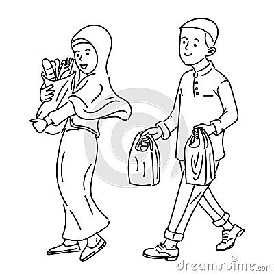 Muslim Adult couple make shopping, simple illustration Vector Illustration