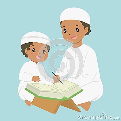 Muslim African American Boy Reading Quran Vector Vector Illustration