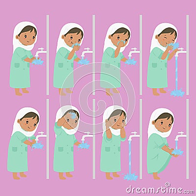 Muslim African American Girl Perform Ablution Steps Vector Collection Vector Illustration