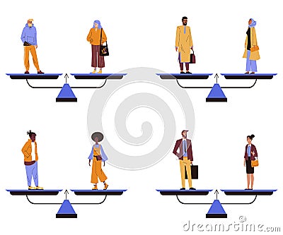 Muslim, African American and White office worker women standing on the weighting dishes of scale with men. Equal Rights. Vector Illustration