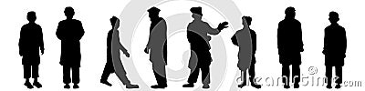 Muslim Arab Asia different poses men silhouettes set. Boys, youth and old man wearing Shalwar kameez traditional dress Vector Illustration