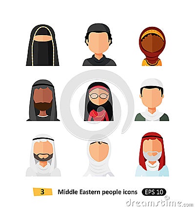 Muslim arab family avatars icons set in flat style isolated different arabic ethnic man and woman users faces Vector Illustration