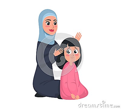 Muslim arab girl and mother brushing hair Vector Illustration
