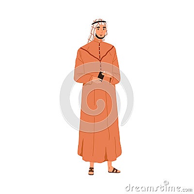 Muslim Arab man in thobe and headwear. Saudi Arabian person in traditional apparel, tunic and kufiya. Eastern male with Vector Illustration