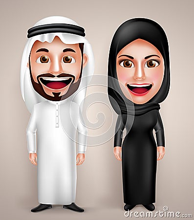 Muslim arab man and woman vector character wearing arabic traditional abaya Vector Illustration