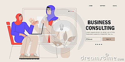 Muslim arab woman freelancer work from home or office. Online conference or video business call Vector Illustration