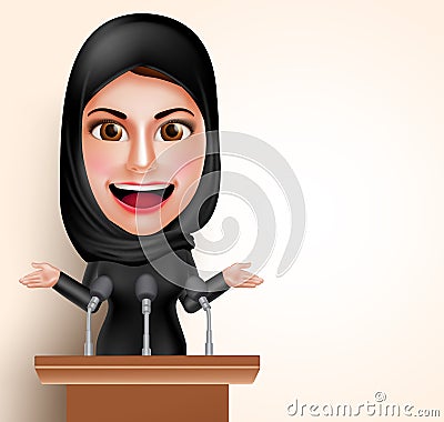 Muslim arab woman talking in microphone in front of conference for politic Vector Illustration