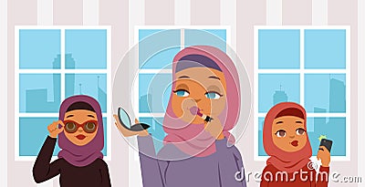 Muslim arab women doing makeup banner vector illustration. Arabic character putting lipstick and holding mirror. Girl Vector Illustration