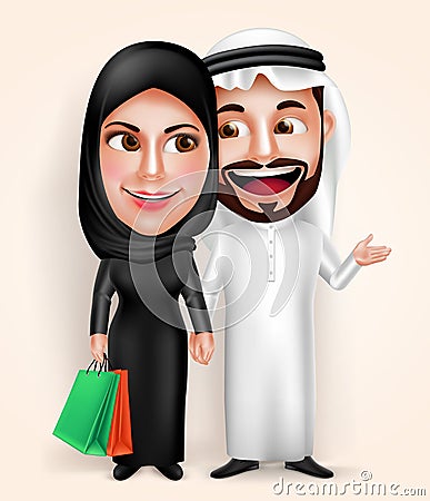 Muslim arab young couple vector characters wearing traditional emirati dress Vector Illustration