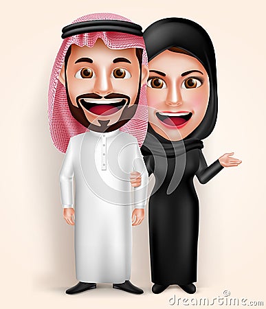 Muslim arab young man and woman couple vector characters wearing traditional Vector Illustration