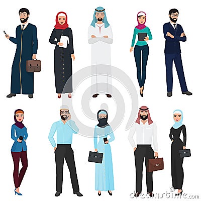 Muslim Arabic Business people. Arab office male and female vector illustration set. Vector Illustration