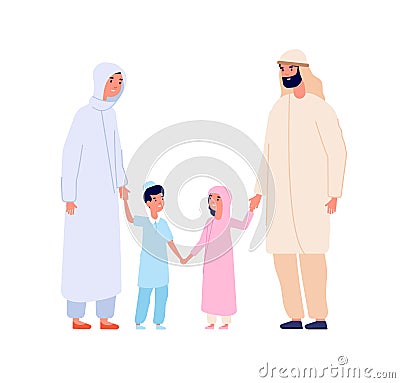 Muslim arabic family. Arab kids, islam mother father children. Cartoon boy and girl in hijab, isolated adults and youngs Vector Illustration
